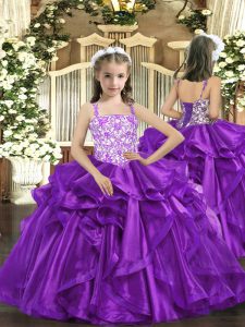 Floor Length Eggplant Purple Kids Pageant Dress Straps Sleeveless Lace Up