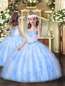 Affordable Light Blue Sleeveless Beading and Ruffles Floor Length Kids Pageant Dress