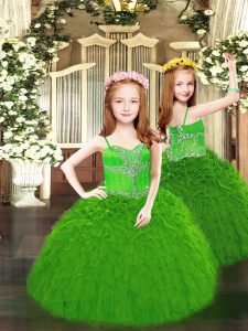 Green Pageant Gowns For Girls Party and Quinceanera with Beading and Ruffles Spaghetti Straps Sleeveless Lace Up
