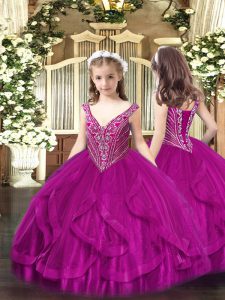 Fashion Ball Gowns Girls Pageant Dresses Fuchsia V-neck Tulle Sleeveless Floor Length Lace Up