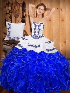 Free and Easy Strapless Sleeveless Sweet 16 Dresses Floor Length Embroidery and Ruffles Blue And White Satin and Organza