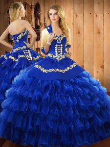 Blue Ball Gowns Sweetheart Sleeveless Satin and Organza Floor Length Lace Up Embroidery and Ruffled Layers Vestidos de Quinceanera