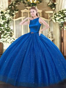 Blue Sleeveless Tulle Clasp Handle Quinceanera Gown for Military Ball and Sweet 16 and Quinceanera