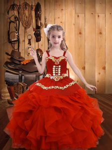 Exquisite Coral Red Ball Gowns Embroidery and Ruffles Child Pageant Dress Lace Up Organza Sleeveless Floor Length