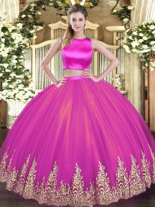 Noble Floor Length Criss Cross Quinceanera Dresses Fuchsia for Military Ball and Sweet 16 and Quinceanera with Appliques