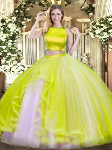 Dynamic Yellow Green Quinceanera Gowns Military Ball and Sweet 16 and Quinceanera with Ruffles High-neck Sleeveless Criss Cross