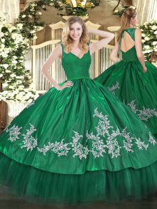 Elegant Sleeveless Floor Length Beading and Lace and Appliques Backless 15 Quinceanera Dress with Dark Green