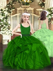 Unique Sleeveless Floor Length Beading and Ruffles Zipper Girls Pageant Dresses with Dark Green