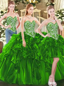 Sweetheart Sleeveless Quinceanera Gowns Floor Length Beading and Ruffles Dark Green Tulle