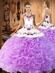 Cheap Lilac Halter Top Neckline Embroidery Sweet 16 Dress Sleeveless Lace Up