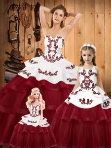 Wine Red Lace Up Quinceanera Dress Embroidery Sleeveless Sweep Train