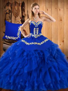 Fantastic Blue Sleeveless Satin and Organza Lace Up Vestidos de Quinceanera for Military Ball and Sweet 16 and Quinceanera