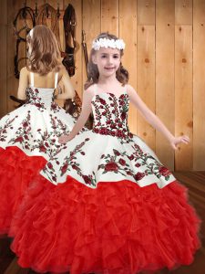 Red Ball Gowns Straps Sleeveless Organza Floor Length Lace Up Embroidery and Ruffles High School Pageant Dress