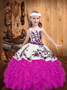 Embroidery and Ruffles Kids Pageant Dress Fuchsia Lace Up Sleeveless Floor Length