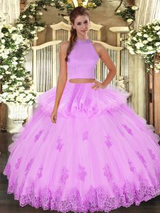Lilac Two Pieces Tulle Halter Top Sleeveless Beading and Appliques and Ruffles Floor Length Backless Ball Gown Prom Dress