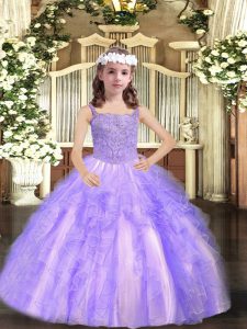 Lavender Straps Lace Up Beading and Ruffles Winning Pageant Gowns Sleeveless