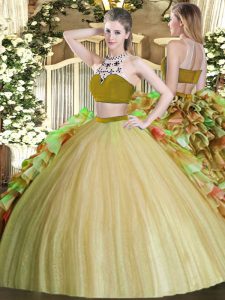 Sexy Sleeveless Tulle Floor Length Backless Quinceanera Gown in Olive Green with Beading and Ruffles