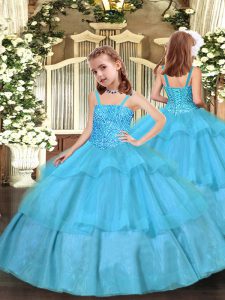 Graceful Straps Sleeveless Kids Pageant Dress Floor Length Beading and Ruffled Layers Aqua Blue Organza