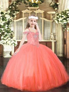 Floor Length Ball Gowns Sleeveless Coral Red Girls Pageant Dresses Lace Up
