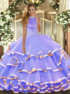 Lavender Sleeveless Organza Backless Sweet 16 Dresses for Military Ball and Sweet 16 and Quinceanera