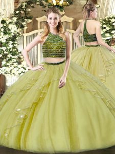 Olive Green Sleeveless Organza Zipper Quinceanera Dress for Military Ball and Sweet 16 and Quinceanera