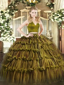 Exceptional Olive Green Two Pieces Halter Top Sleeveless Organza Floor Length Zipper Ruffled Layers Quinceanera Dresses
