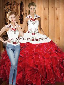 Pretty White And Red Sleeveless Embroidery and Ruffles Floor Length Quinceanera Dresses