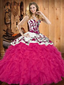 Amazing Hot Pink Sleeveless Floor Length Embroidery and Ruffles Lace Up Vestidos de Quinceanera