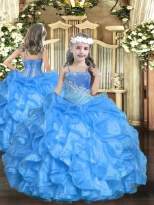 Baby Blue Organza Lace Up Girls Pageant Dresses Sleeveless Floor Length Beading and Ruffled Layers