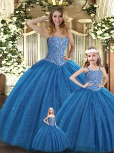 Teal Tulle Lace Up 15 Quinceanera Dress Sleeveless Floor Length Beading