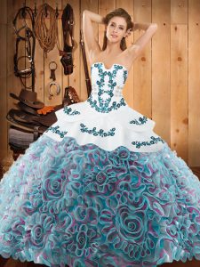 Multi-color Ball Gowns Satin and Fabric With Rolling Flowers Strapless Sleeveless Embroidery With Train Lace Up Quince Ball Gowns Sweep Train