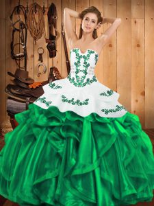 Green Ball Gowns Satin and Organza Strapless Sleeveless Embroidery and Ruffles Floor Length Lace Up Quinceanera Dresses