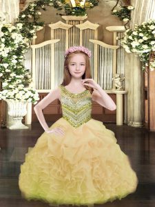Beading and Ruffles and Pick Ups Kids Formal Wear Gold Lace Up Sleeveless Floor Length