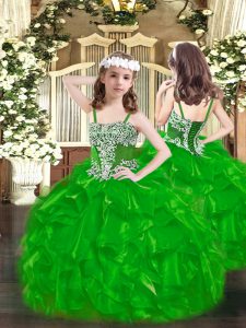 Perfect Floor Length Green Little Girl Pageant Gowns Organza Sleeveless Appliques and Ruffles