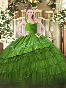 Great Olive Green Satin and Organza Zipper Quinceanera Gown Sleeveless Floor Length Ruffled Layers