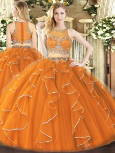 Scoop Sleeveless Quinceanera Dresses Floor Length Beading and Ruffles Orange Organza