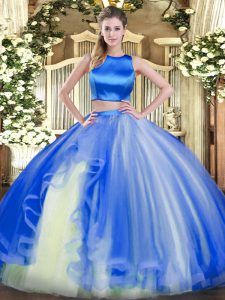 Blue Two Pieces High-neck Sleeveless Tulle Floor Length Criss Cross Ruffles Ball Gown Prom Dress