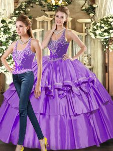 Eggplant Purple Sleeveless Organza Lace Up Quinceanera Gowns for Military Ball and Sweet 16 and Quinceanera