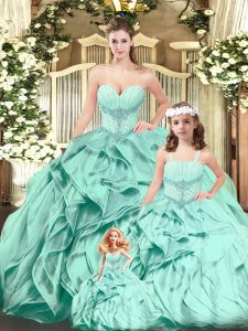 Exquisite Aqua Blue Organza Lace Up Sweetheart Sleeveless Floor Length Quinceanera Gowns Beading and Ruffles