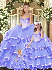 Pretty Lavender Lace Up 15th Birthday Dress Beading and Ruffled Layers Sleeveless Floor Length