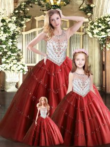 Modest Sleeveless Tulle Floor Length Lace Up Ball Gown Prom Dress in Wine Red with Beading