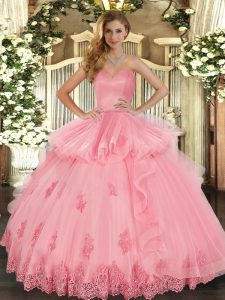 Watermelon Red Sweet 16 Dresses Military Ball and Sweet 16 and Quinceanera with Beading and Appliques and Ruffles Sweetheart Sleeveless Lace Up