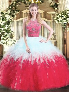 Edgy Halter Top Sleeveless 15th Birthday Dress Floor Length Beading and Ruffles Multi-color Tulle