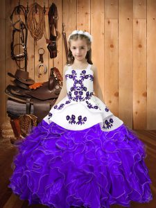 Sleeveless Floor Length Embroidery and Ruffles Lace Up Little Girls Pageant Gowns with Eggplant Purple