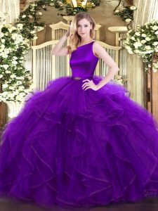Fancy Organza Scoop Sleeveless Clasp Handle Ruffles Quinceanera Dress in Purple