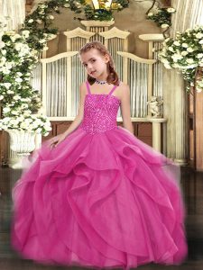 Beading Pageant Gowns For Girls Hot Pink Lace Up Sleeveless Floor Length