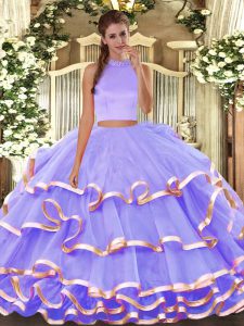 Ideal Organza Halter Top Sleeveless Backless Beading and Ruffled Layers Quinceanera Dresses in Lavender