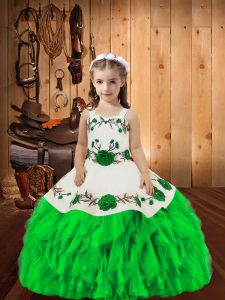 Green Straps Lace Up Embroidery and Ruffles Little Girls Pageant Dress Sleeveless