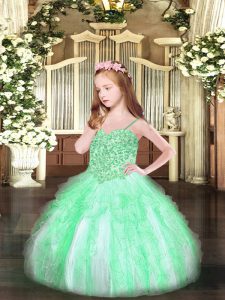 Most Popular Sleeveless Organza Floor Length Lace Up Pageant Dress for Teens in Apple Green with Appliques and Ruffles