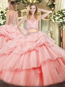Best Pink Tulle Zipper Quinceanera Dresses Sleeveless Floor Length Beading and Ruffles